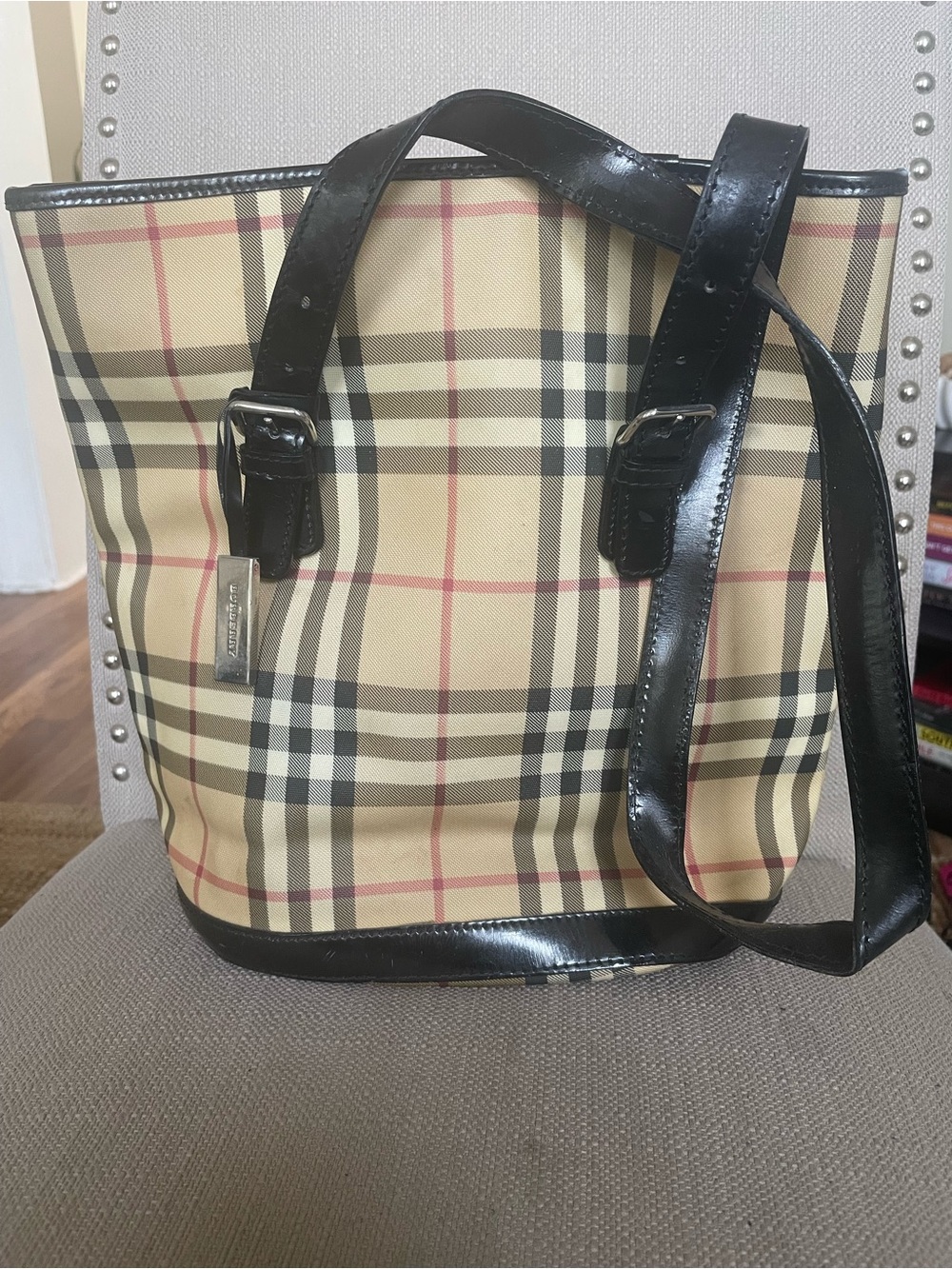 Burberry Beige Plaid Tote with Black Trim